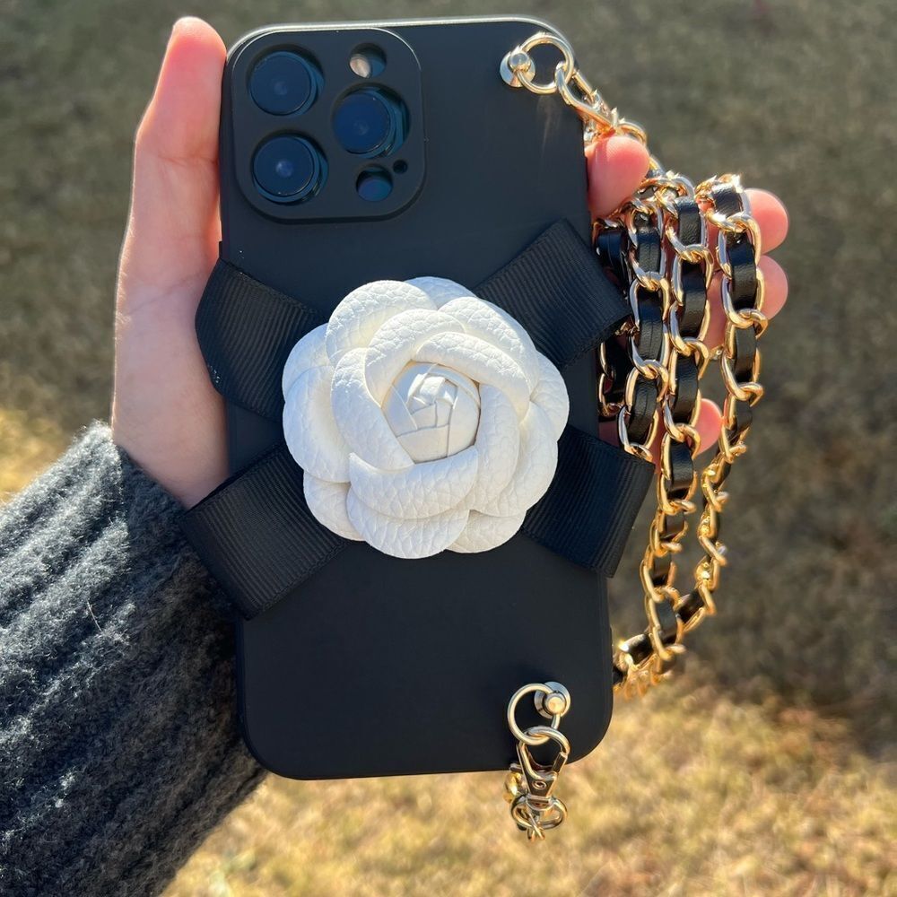 Elegant Chain Strap iPhone 16 Case with White Flower Accent - Picture 4 of 9